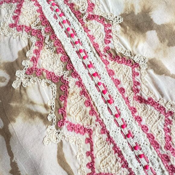 Tie Dye Kaftan Tunic Small Pink Tan Boho Chic Embroidery Tassels Festival Hippie - Picture 5 of 16